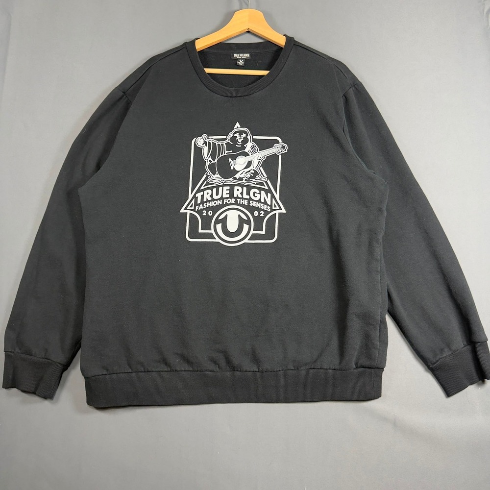 True Religion Mens Buddha Logo Sweatshirt Black Graphic Crewneck 2XL Pullover